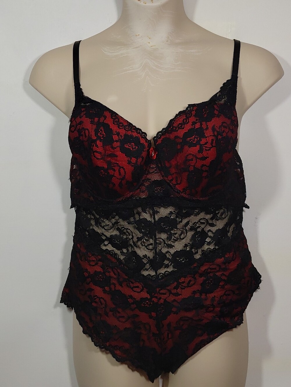 French Affair Lace Overlay Red & Black Bodysuit Lingerie 3X